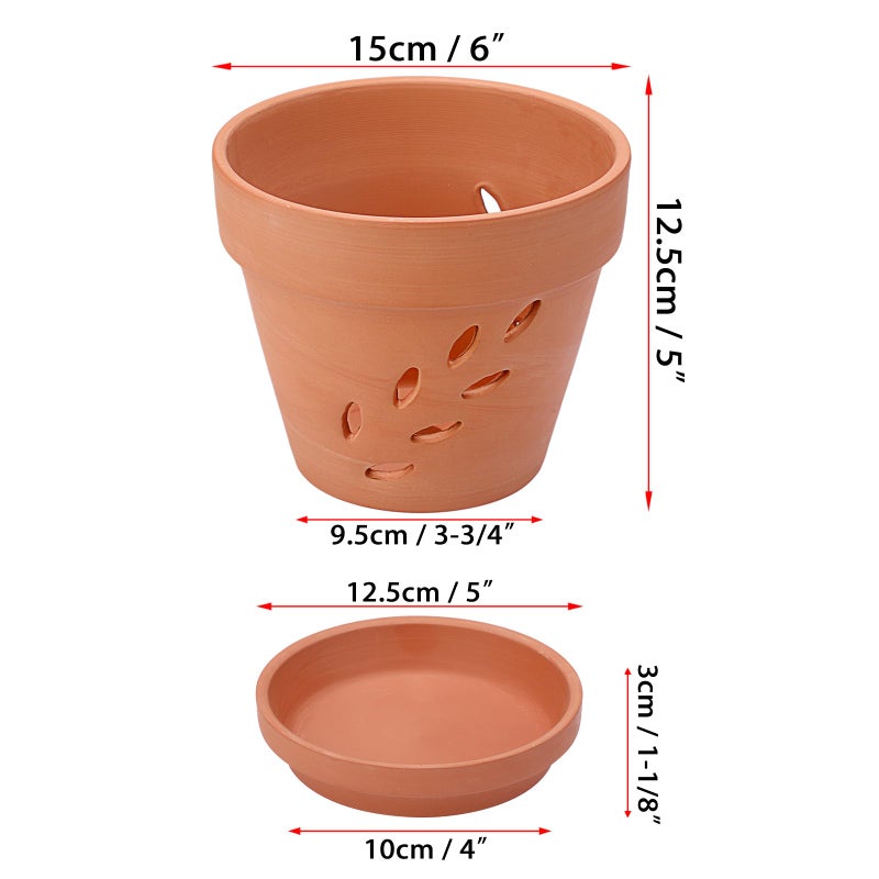 JUXYES 3 Pack Small Terracotta Orchid Pots with Holes and Saucers, Clay Orchid Planter Pots for Repotting, Plant Flower Pots for Orchid Indoor and Outdoor Promotes Air Circulation, 6 Inches - Image 2